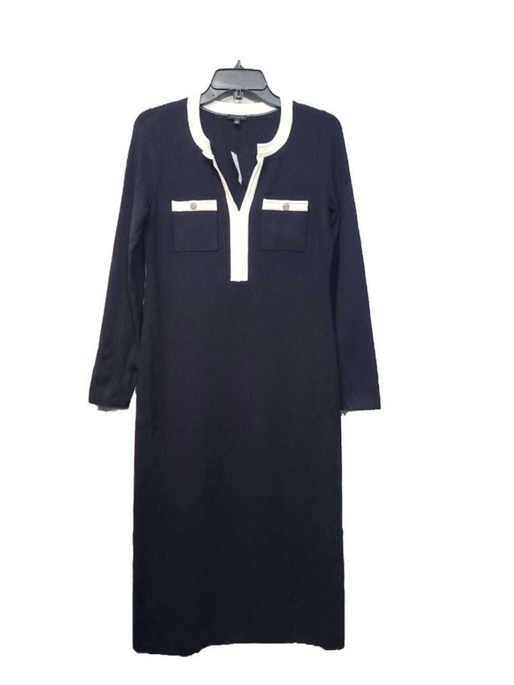 Talbots Ribbed Sweater Dress Size S navy blue and ivory NWT